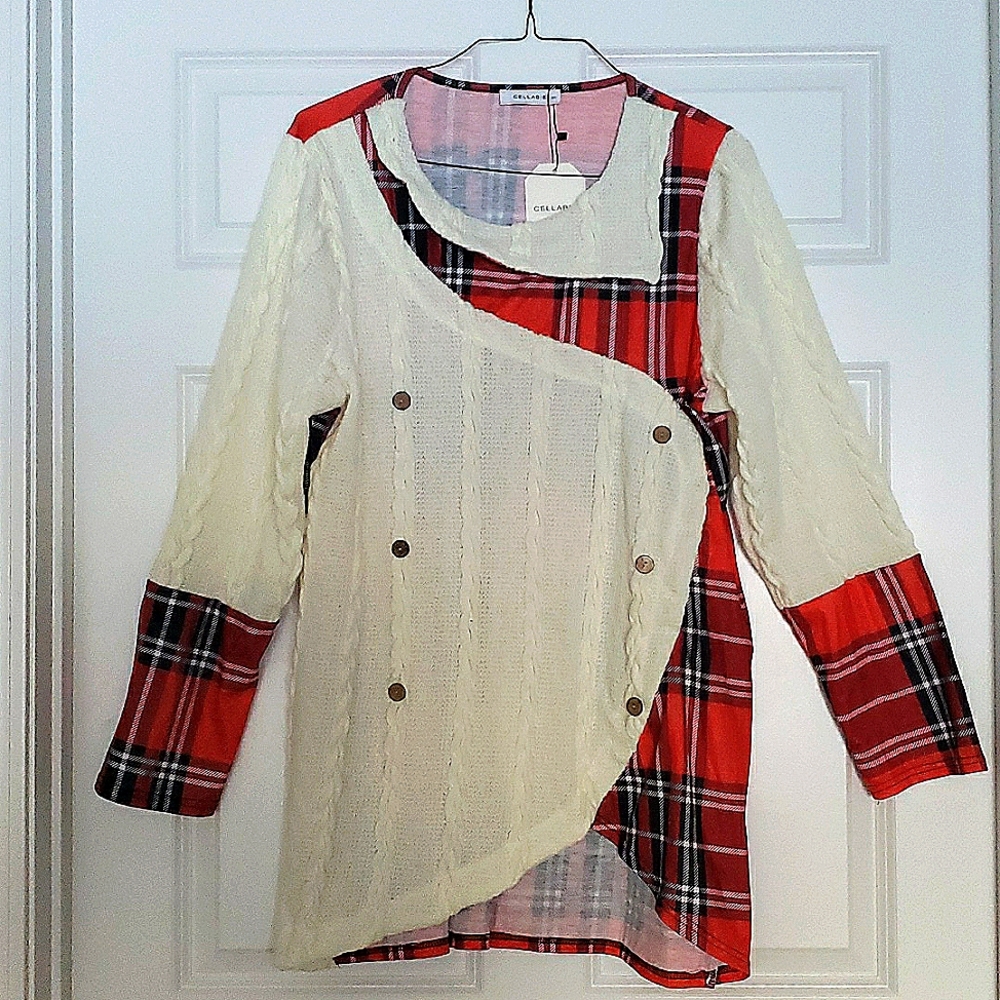 Cellabie cable knit and plaid look sweater top
